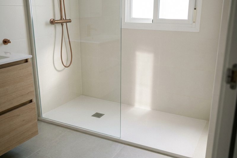 Plato de ducha extraplano blanco instalado en el hueco que dejaba la bañera, con mampara de cristal transparente y alicatado claro