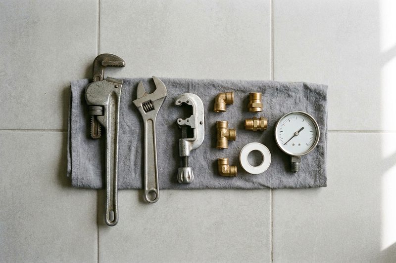 Herramientas de fontanero ordenadas sobre un paño gris: llave grifa, llave inglesa, cortatubos, accesorios de latón, teflón y un manómetro