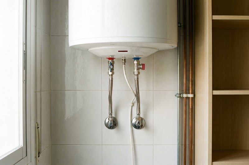 Termo eléctrico blanco recién instalado en la pared de un lavadero, con las dos llaves de corte, los latiguillos alineados y la válvula de seguridad puesta